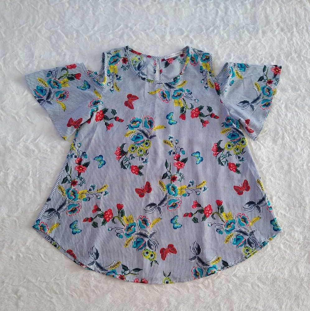 Chris & Carol Striped Butterfly & Floral Print Top